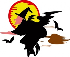 Bat Moon People Cartoon Broom Fly Flying Over Lakeside Witch Harvest Broomstick Witches Thumbnail