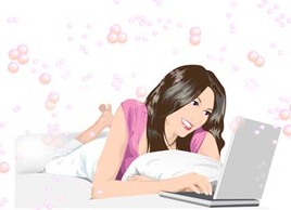 Beautiful girl lay and chat with her laptop