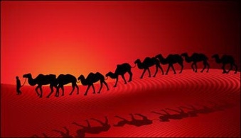 Camel Desert Caravan Sunset Silhouette Red Background Vector Thumbnail