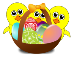 Funny Chicks Cartoon with Easter eggs in a basket