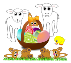 Funny lambs, bunnies and chick with Easter eggs in a basket Thumbnail