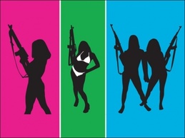 Shadow illustrations of bikini clad women with automatic weapons. Thumbnail