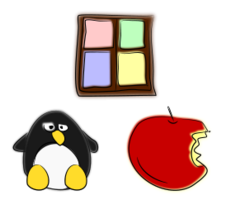 Window, penguin and apple