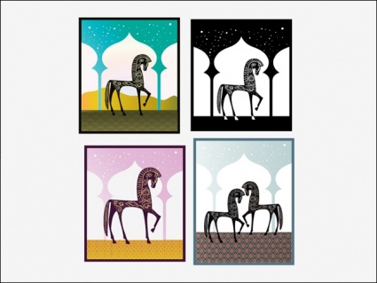 A set of four illustrations of stylized horses inspired by the 1001 Nights Persian Stories.