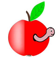 Apple Red with a Green Leaf with funny Worm