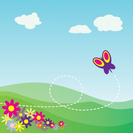 Cartoon Hillside With Butterfly And Flowers clip art