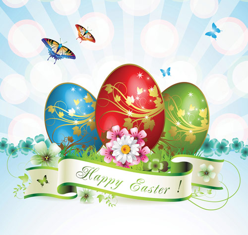 Easter card with butterflies and decorated eggs on grass