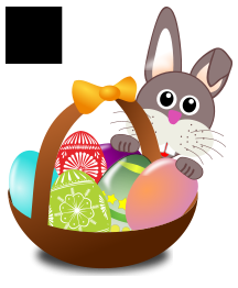 Funny bunny face with Easter eggs in a basket