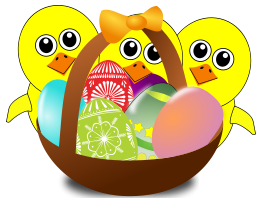 Funny Chicks Cartoon with Easter eggs in a basket