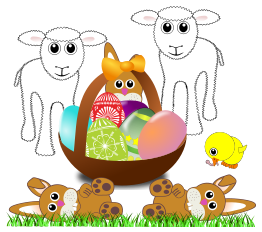 Funny lambs, bunnies and chick with Easter eggs in a basket