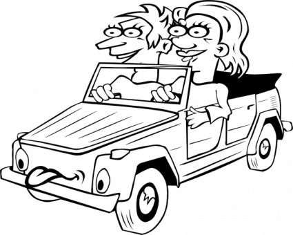 Girl And Boy Driving Car Cartoon Outline clip art