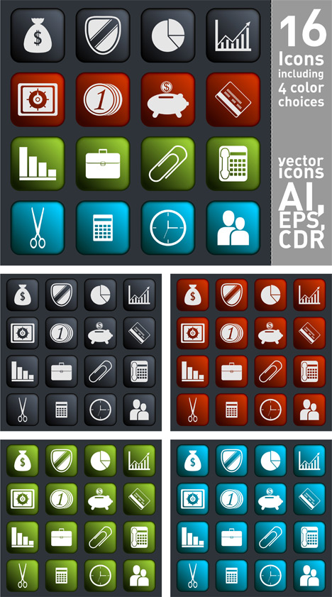 Icons on Square Black, Red, Green and Blue Button