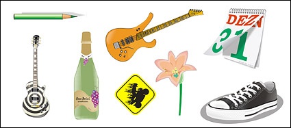 Pencils, guitar, flowers, calendar, shoes vector material