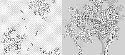 Vector line drawing of flowers--41Cherry, classical background)